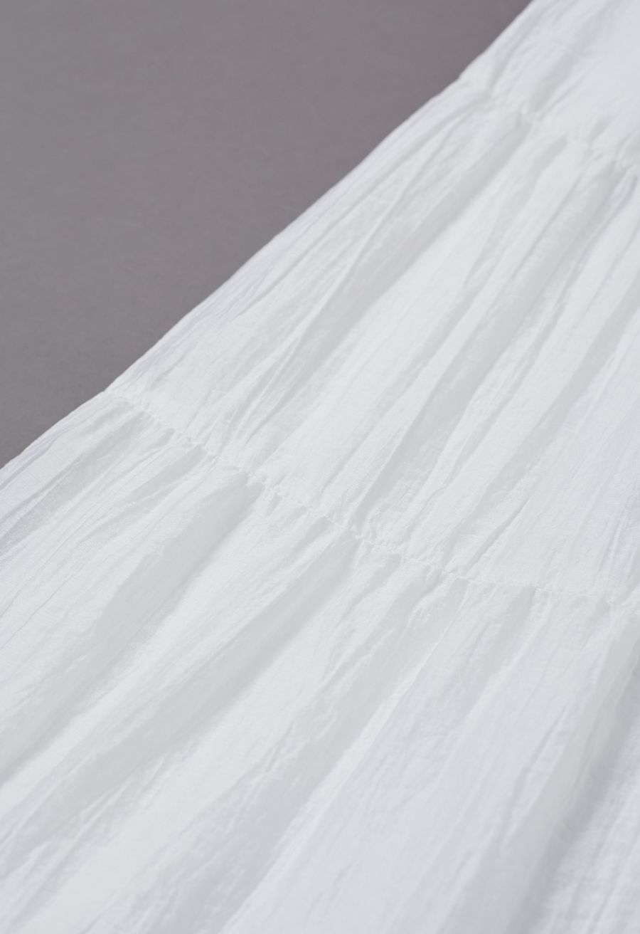 Scoop Neck Tie-Back Crinkle Tiered Dress in White