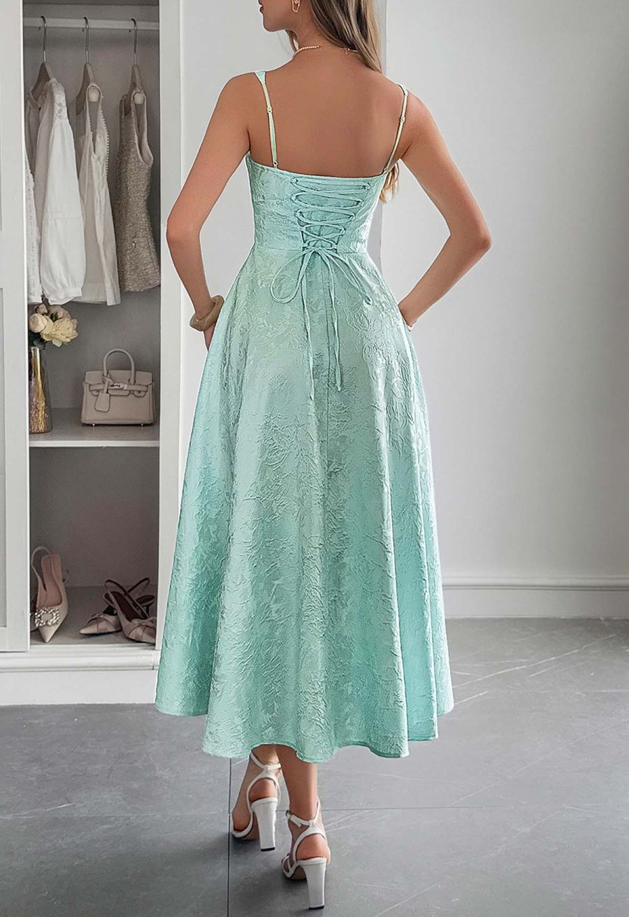 Floral Jacquard Lace-Up Back Corset Dress in Mint