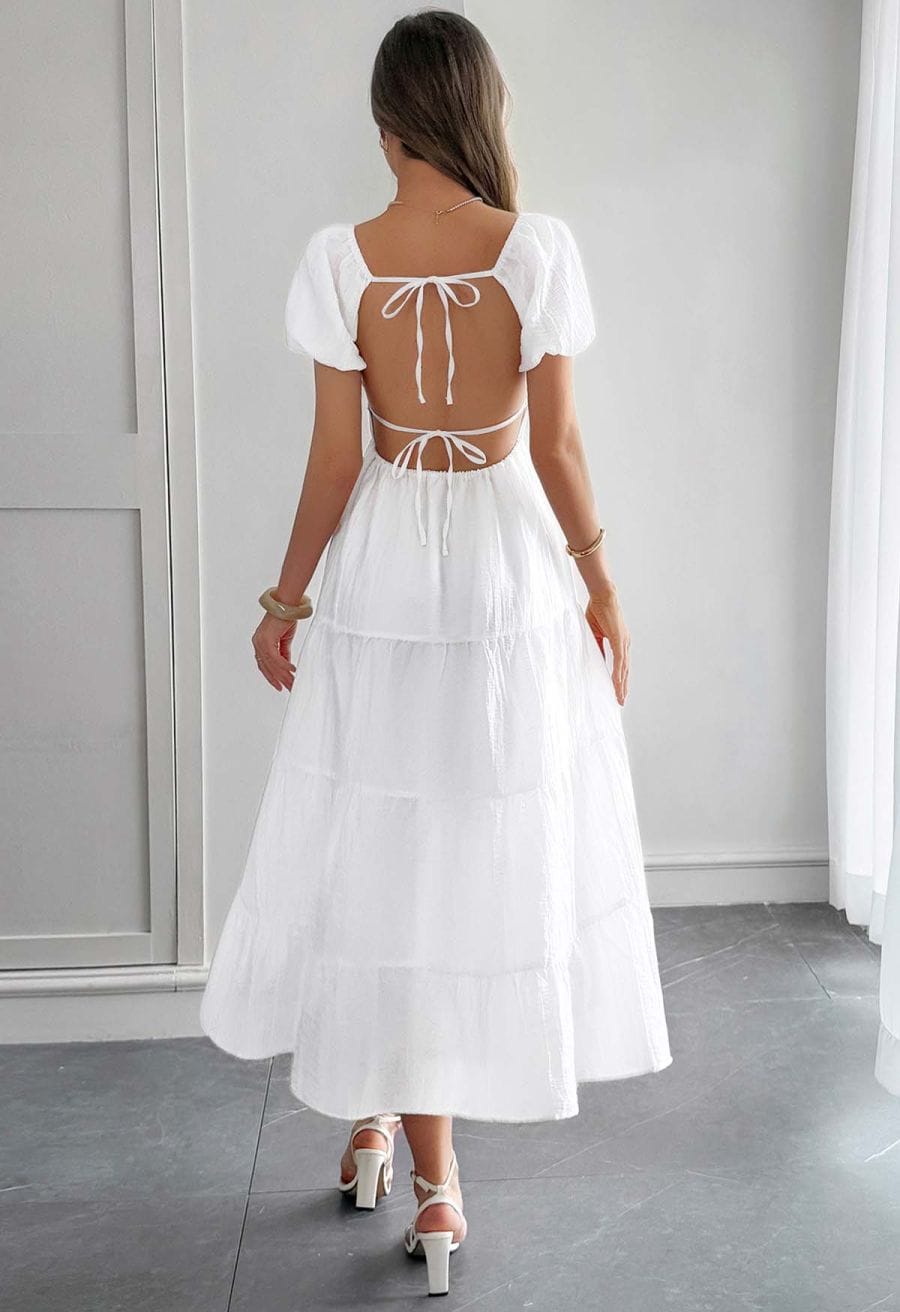 Scoop Neck Tie-Back Crinkle Tiered Dress in White