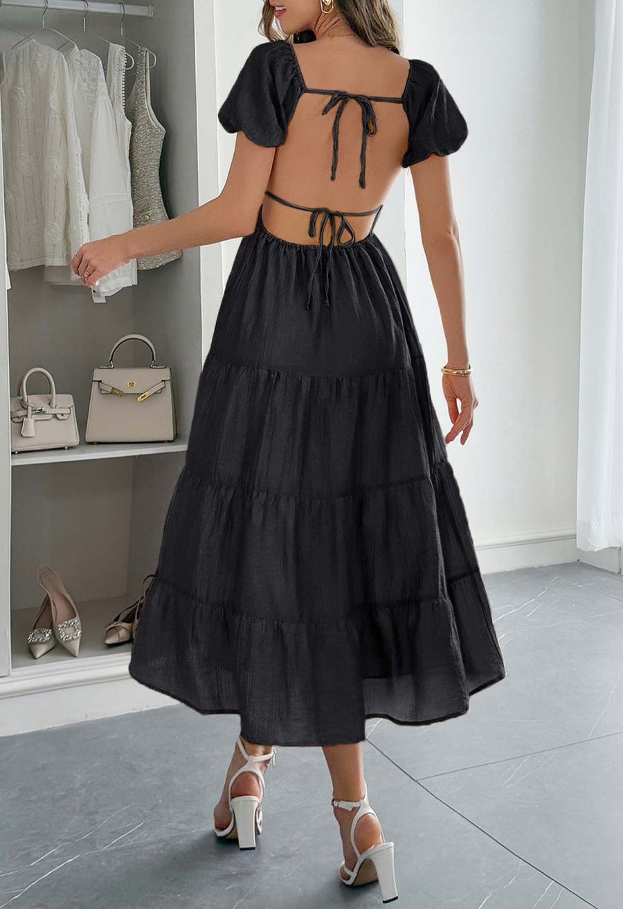 Scoop Neck Tie-Back Crinkle Tiered Dress in Black