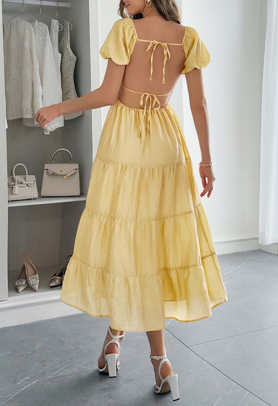 Scoop Neck Tie-Back Crinkle Tiered Dress in Light Yellow