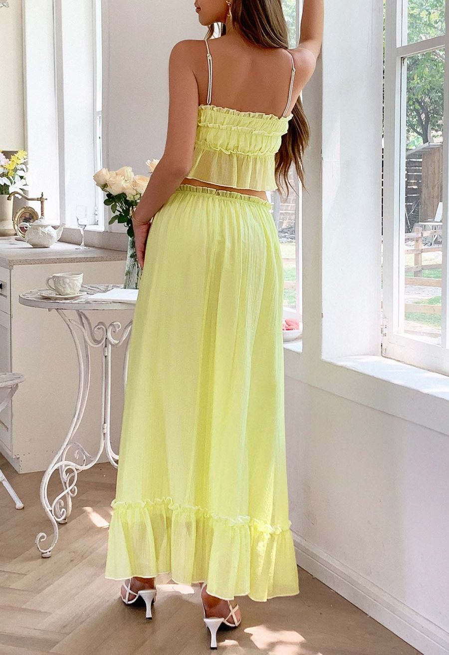 Contrast Bowknot Ruffle Cami Top and Skirt Set in Yellow