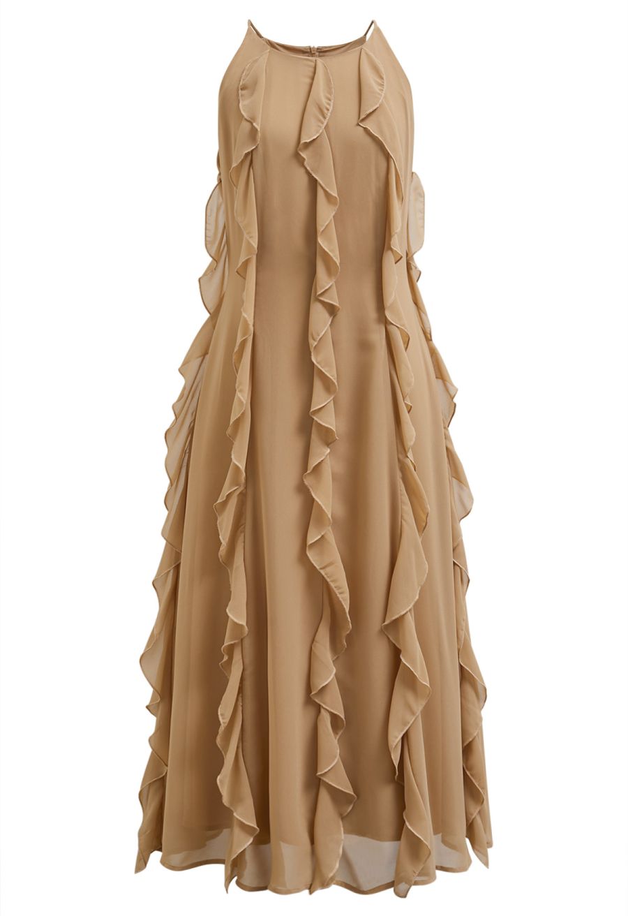 Whispering Cascade Ruffle Chiffon Maxi Dress in Tan