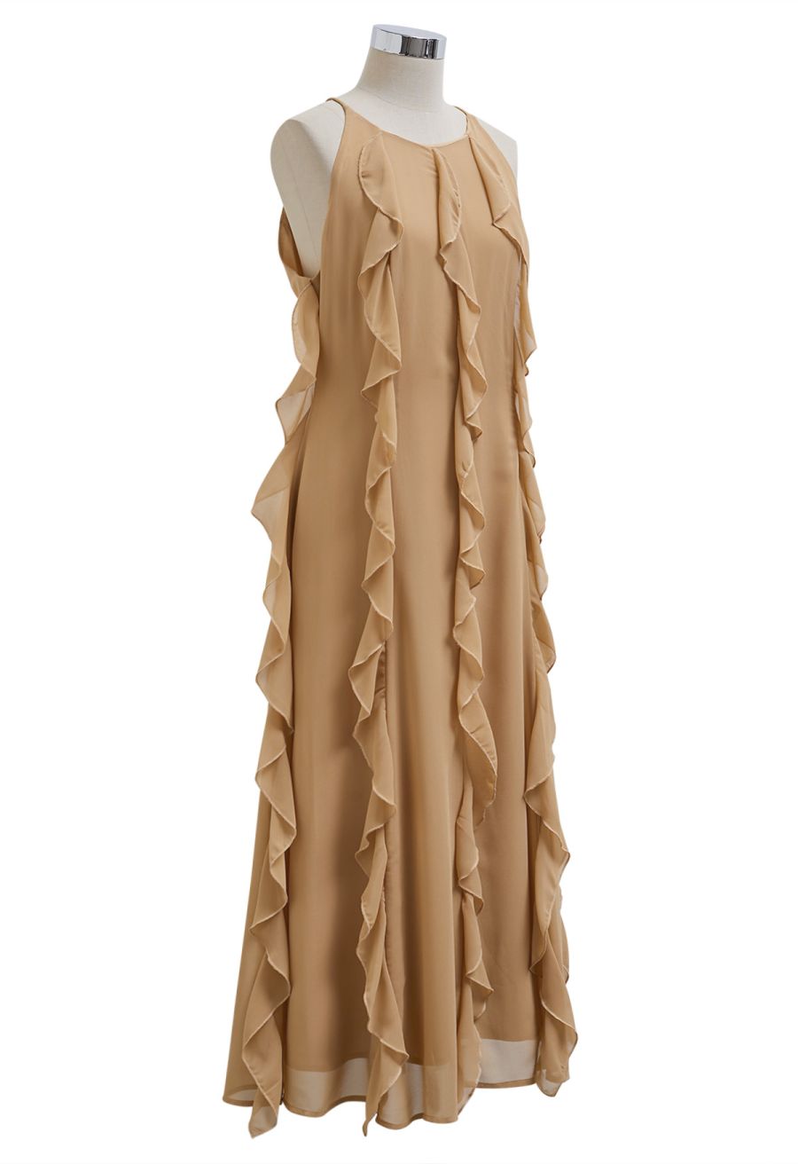Whispering Cascade Ruffle Chiffon Maxi Dress in Tan