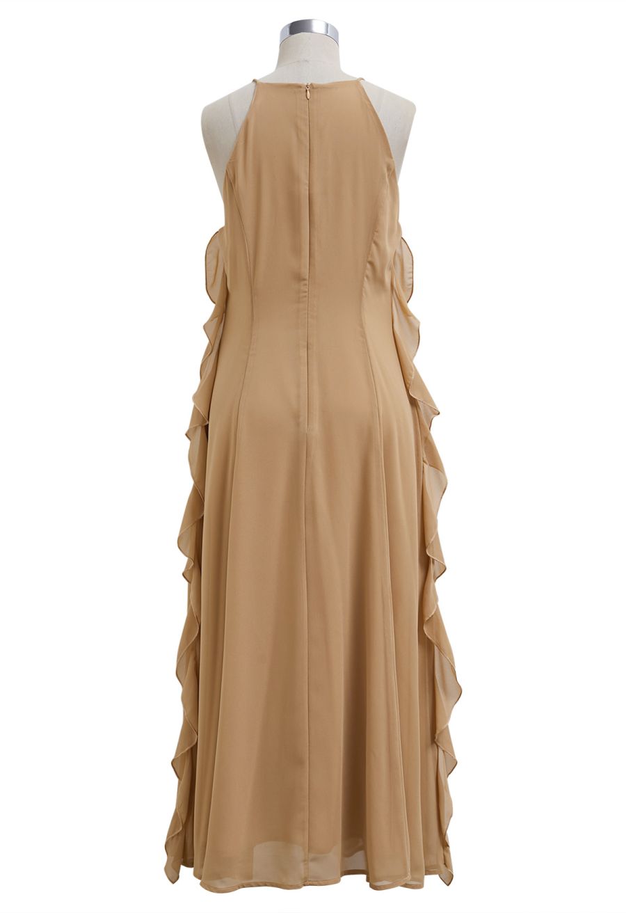 Whispering Cascade Ruffle Chiffon Maxi Dress in Tan