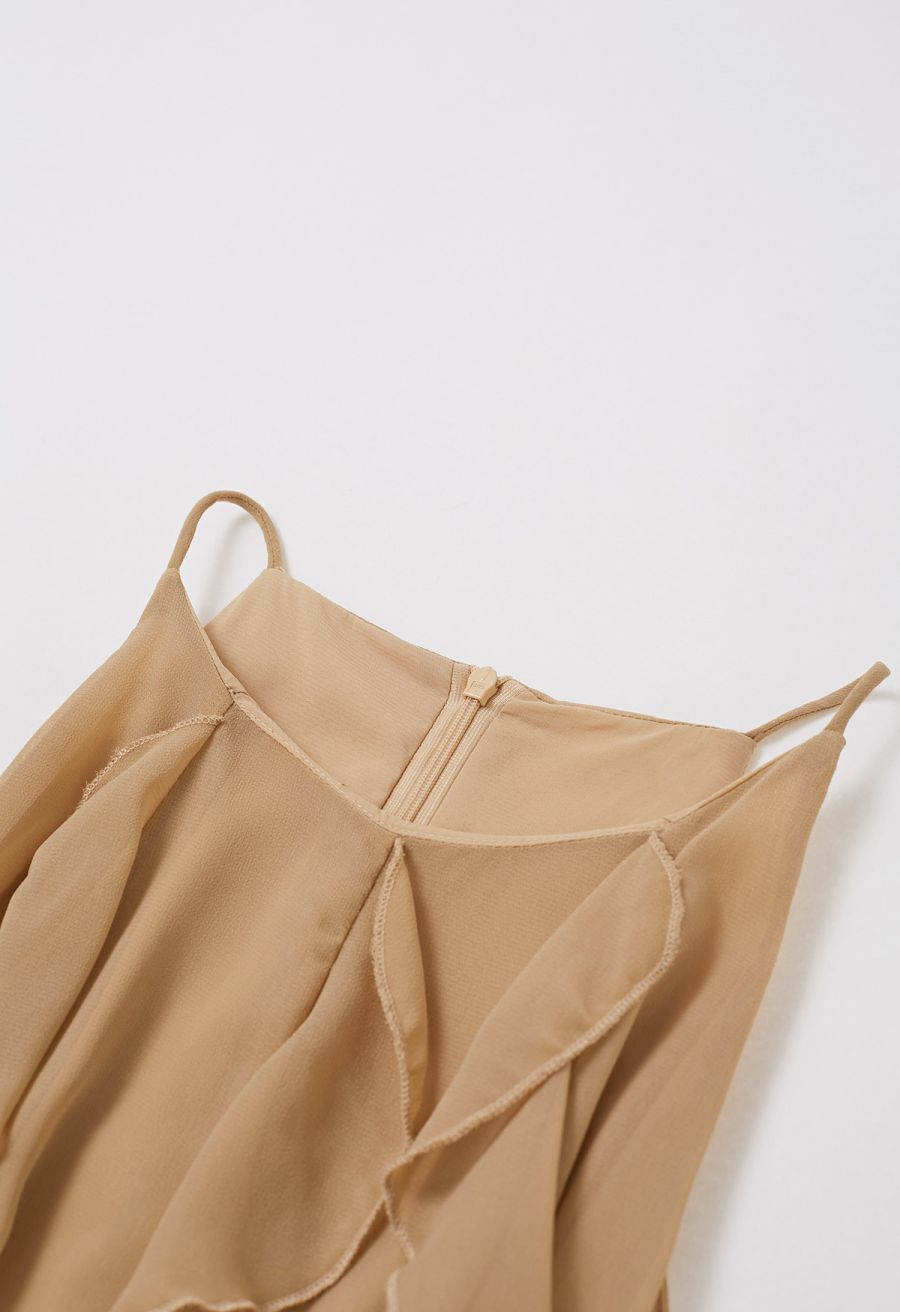 Whispering Cascade Ruffle Chiffon Maxi Dress in Tan