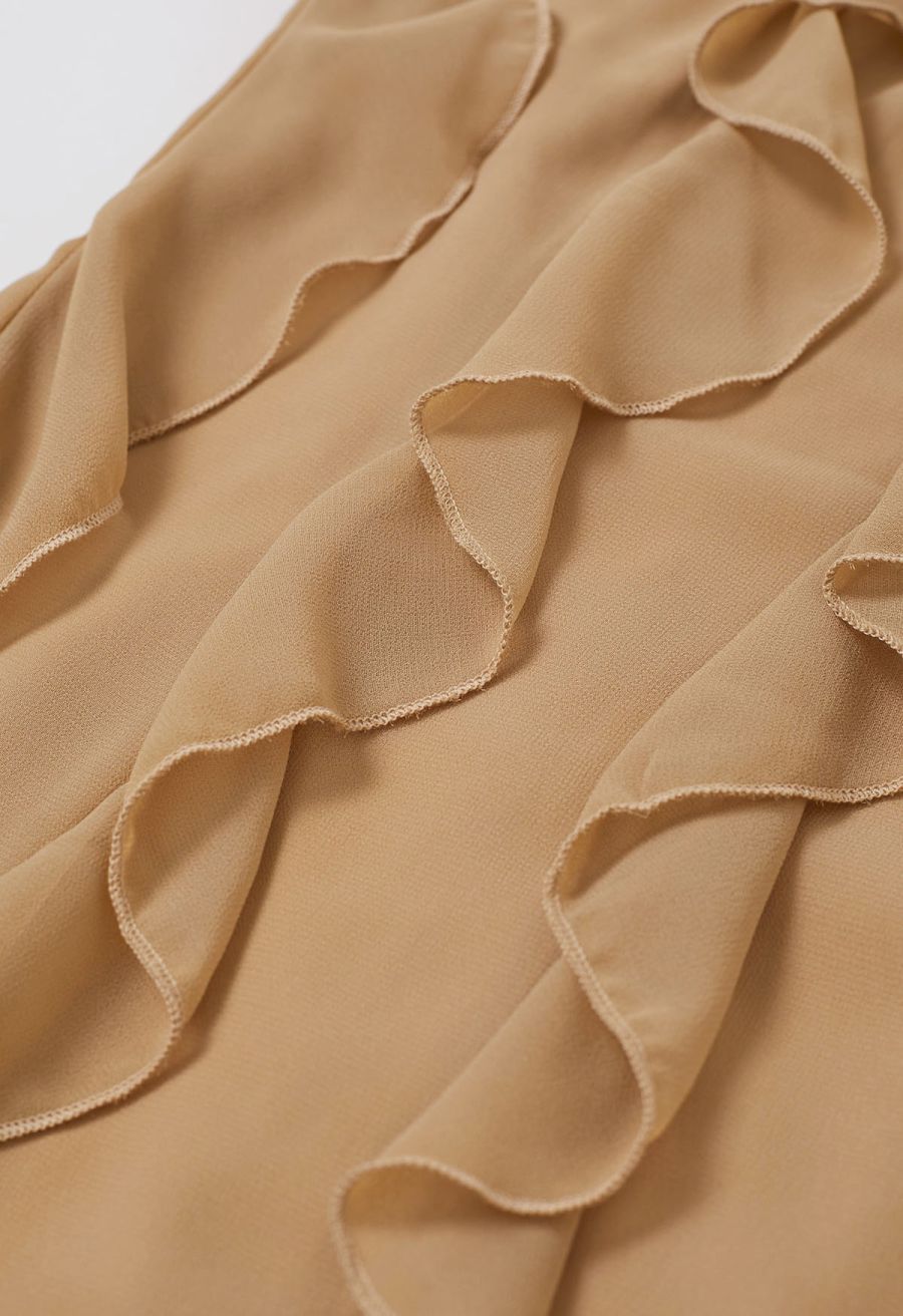 Whispering Cascade Ruffle Chiffon Maxi Dress in Tan