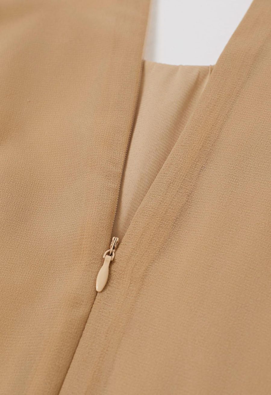Whispering Cascade Ruffle Chiffon Maxi Dress in Tan