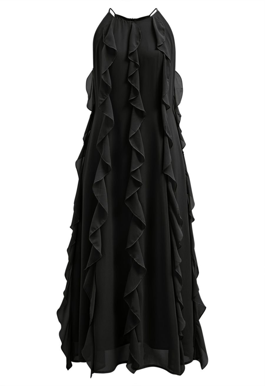 Whispering Cascade Ruffle Chiffon Maxi Dress in Black