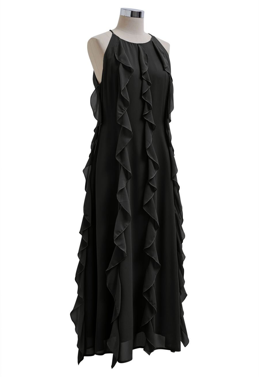 Whispering Cascade Ruffle Chiffon Maxi Dress in Black