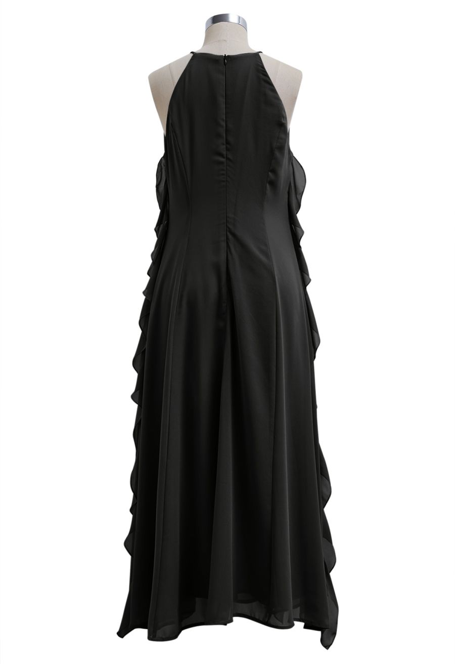 Whispering Cascade Ruffle Chiffon Maxi Dress in Black