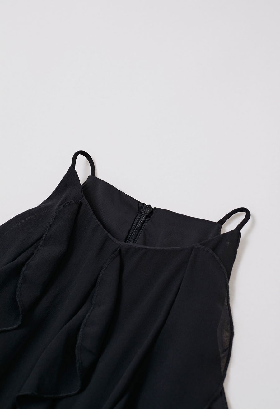 Whispering Cascade Ruffle Chiffon Maxi Dress in Black