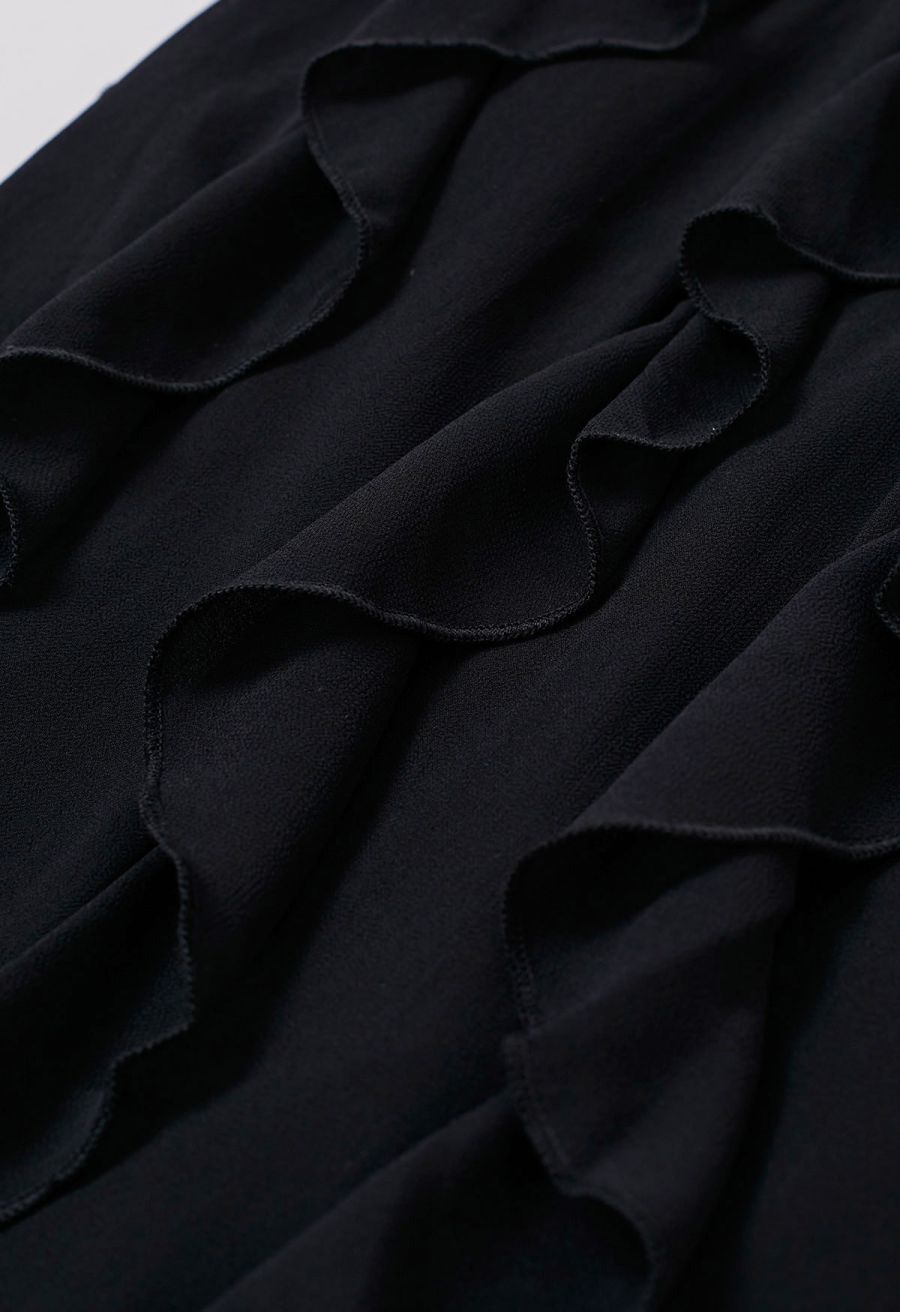 Whispering Cascade Ruffle Chiffon Maxi Dress in Black