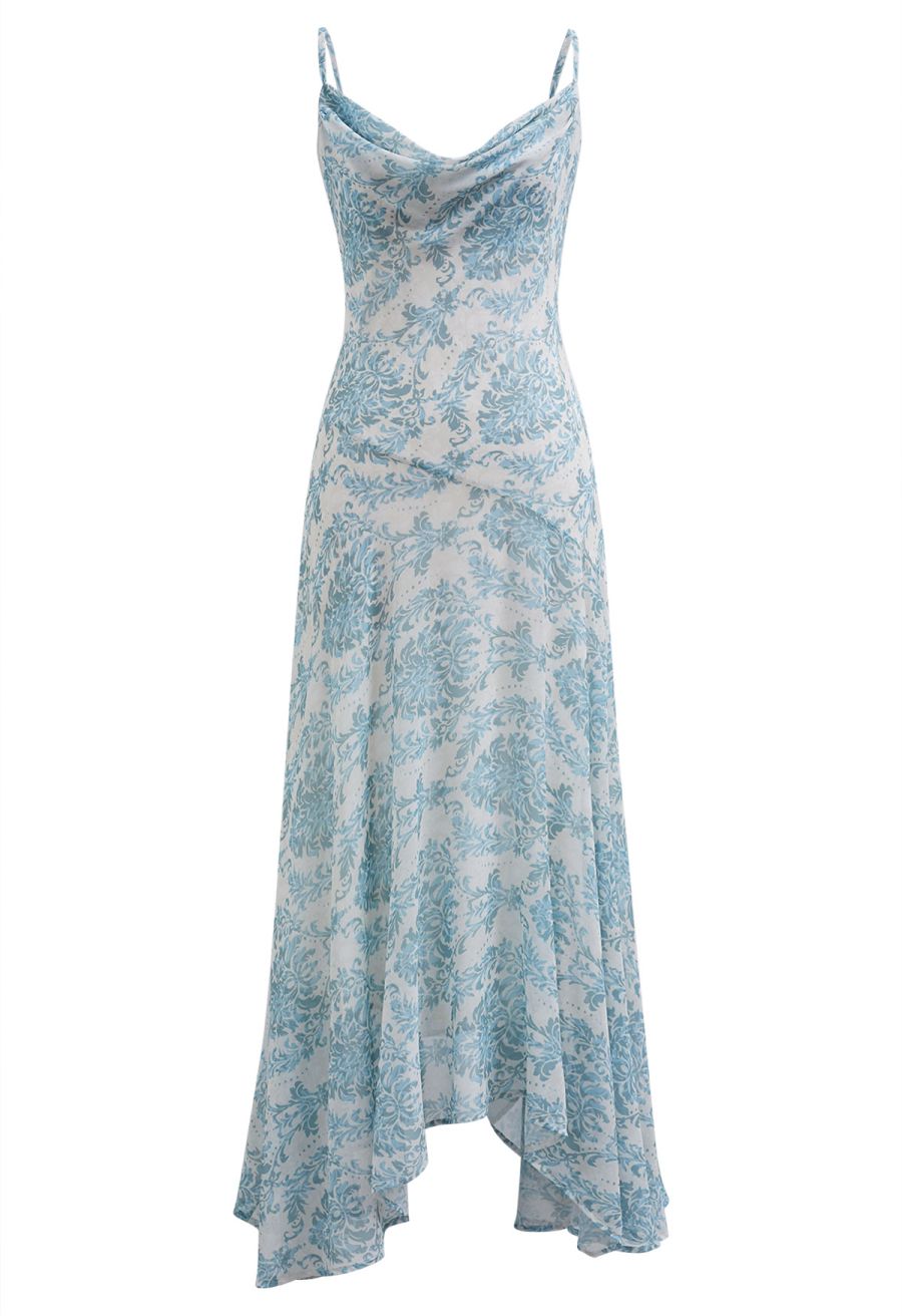 Blue Damask Drape Neck Asymmetric Chiffon Dress