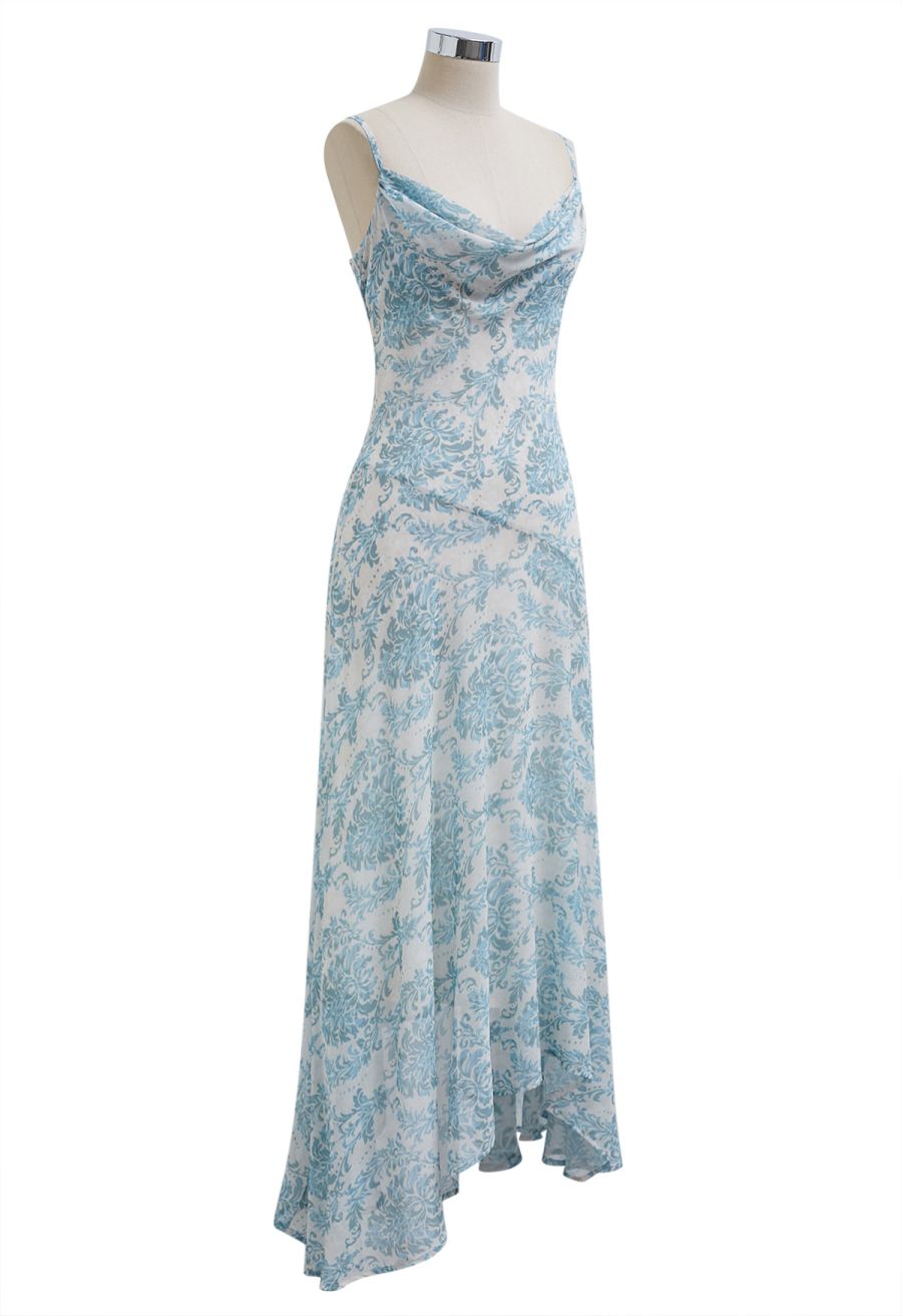 Blue Damask Drape Neck Asymmetric Chiffon Dress