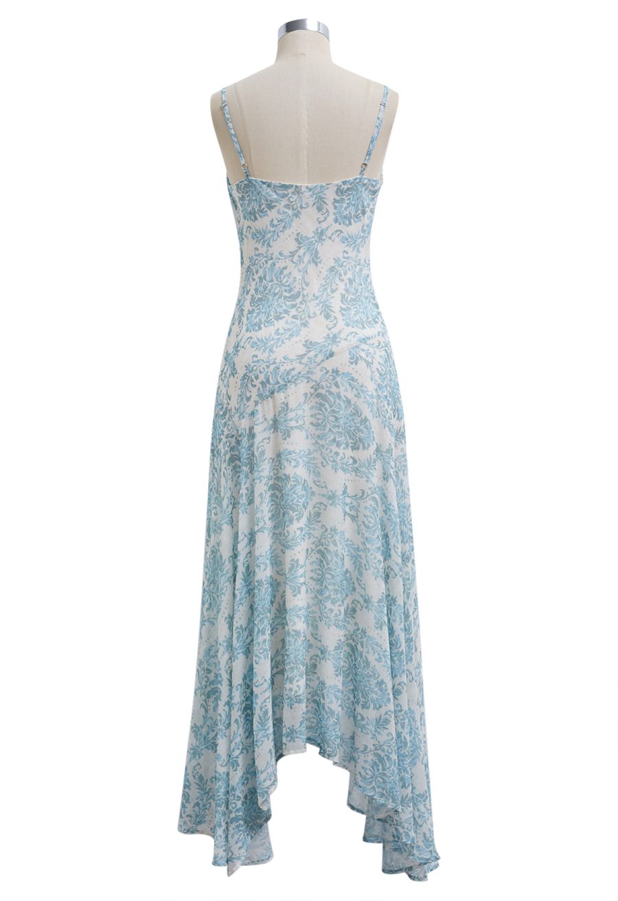 Blue Damask Drape Neck Asymmetric Chiffon Dress