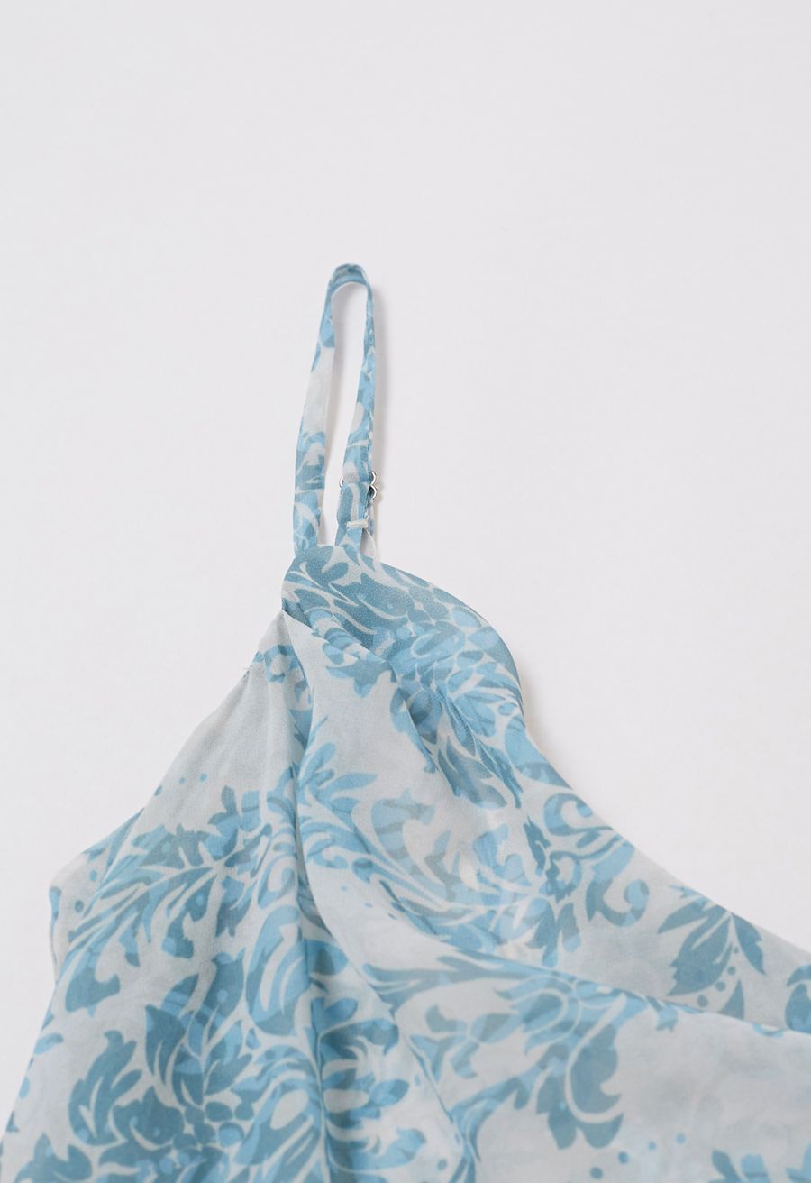 Blue Damask Drape Neck Asymmetric Chiffon Dress