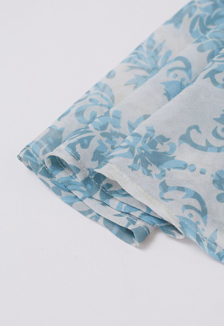 Blue Damask Drape Neck Asymmetric Chiffon Dress
