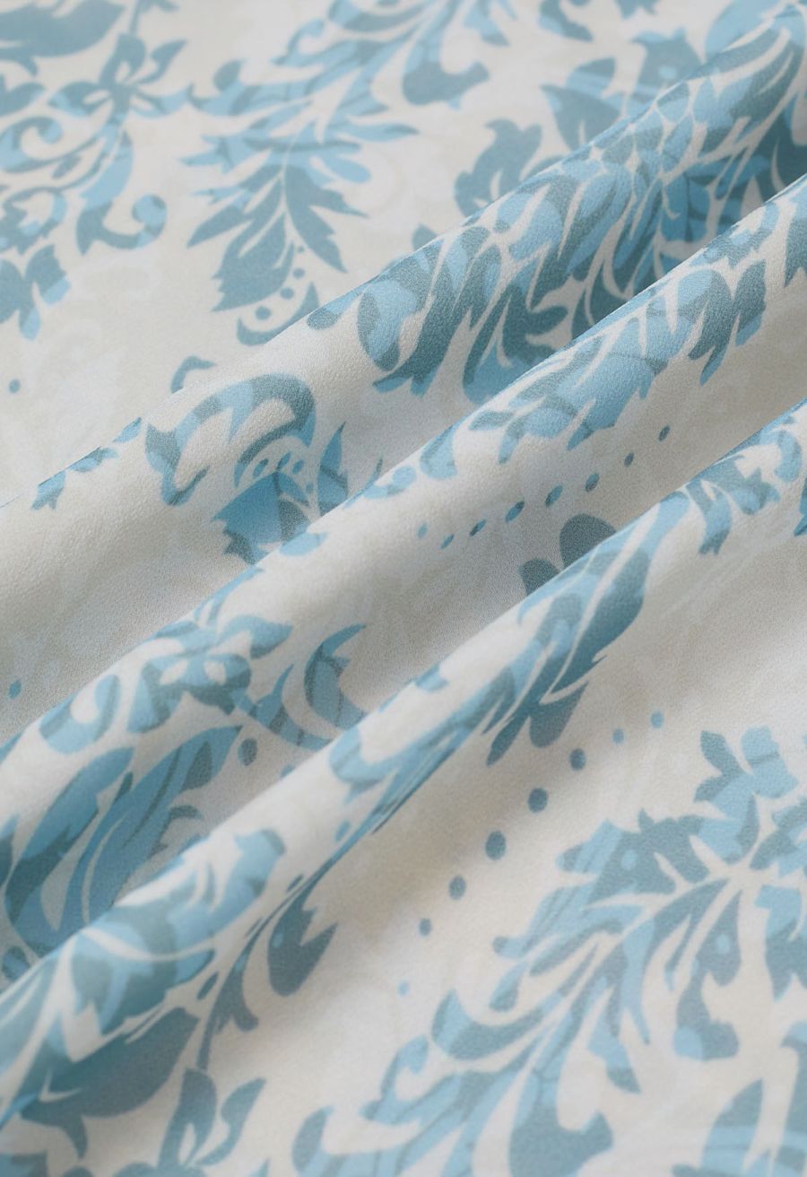 Blue Damask Drape Neck Asymmetric Chiffon Dress