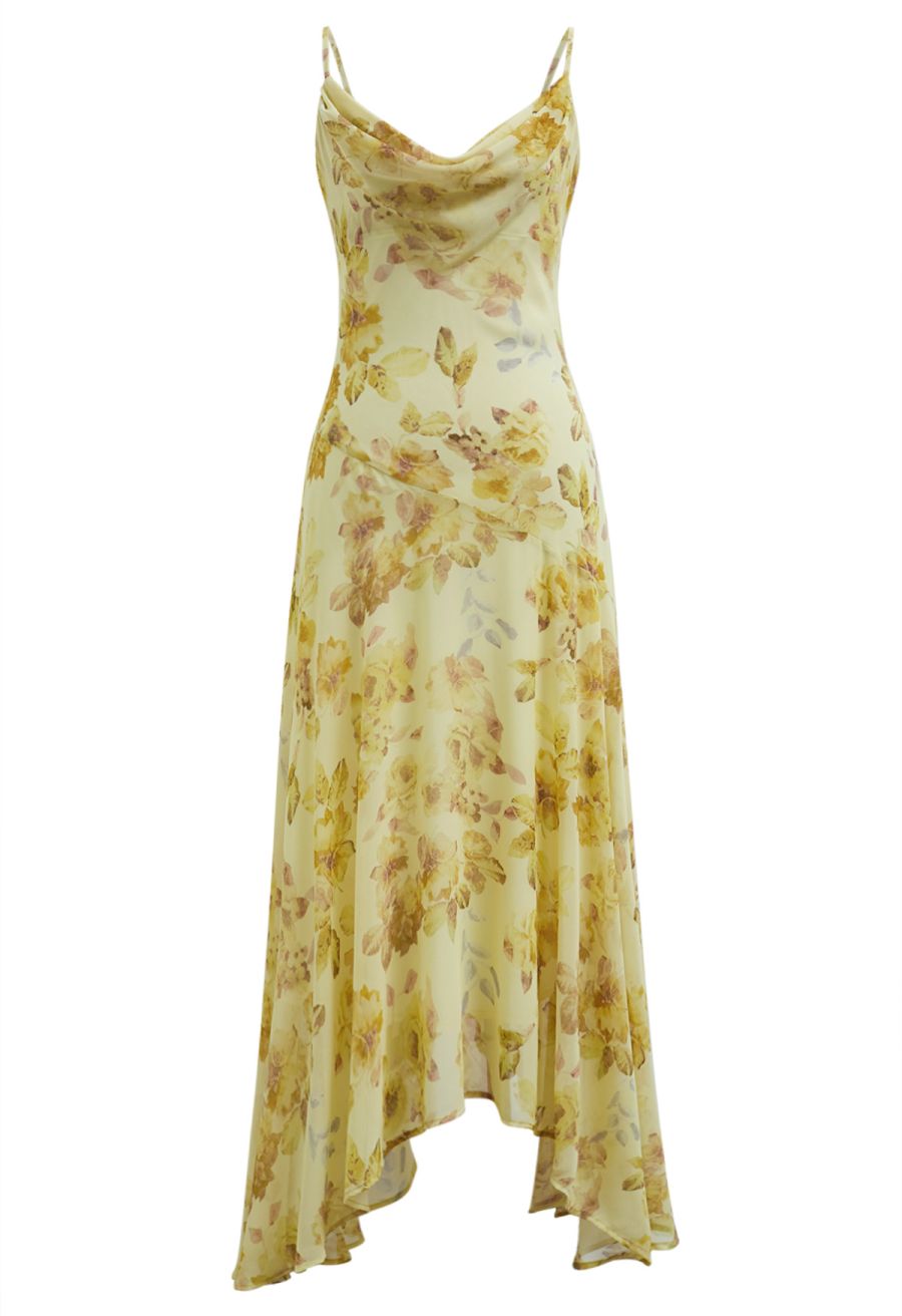 Yellow Floral Drape Neck Asymmetric Chiffon Dress