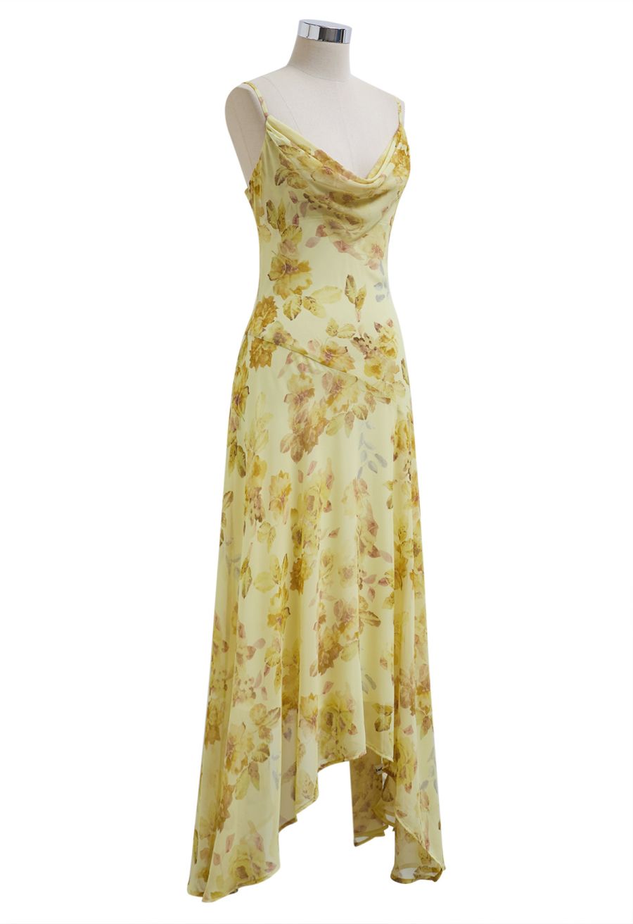 Yellow Floral Drape Neck Asymmetric Chiffon Dress