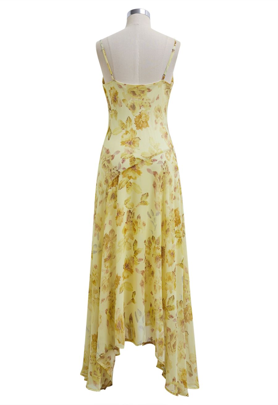 Yellow Floral Drape Neck Asymmetric Chiffon Dress