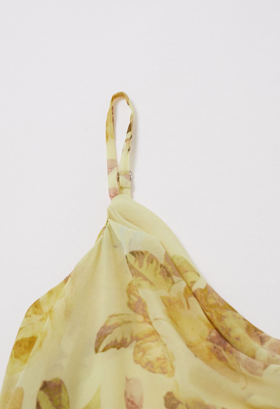 Yellow Floral Drape Neck Asymmetric Chiffon Dress