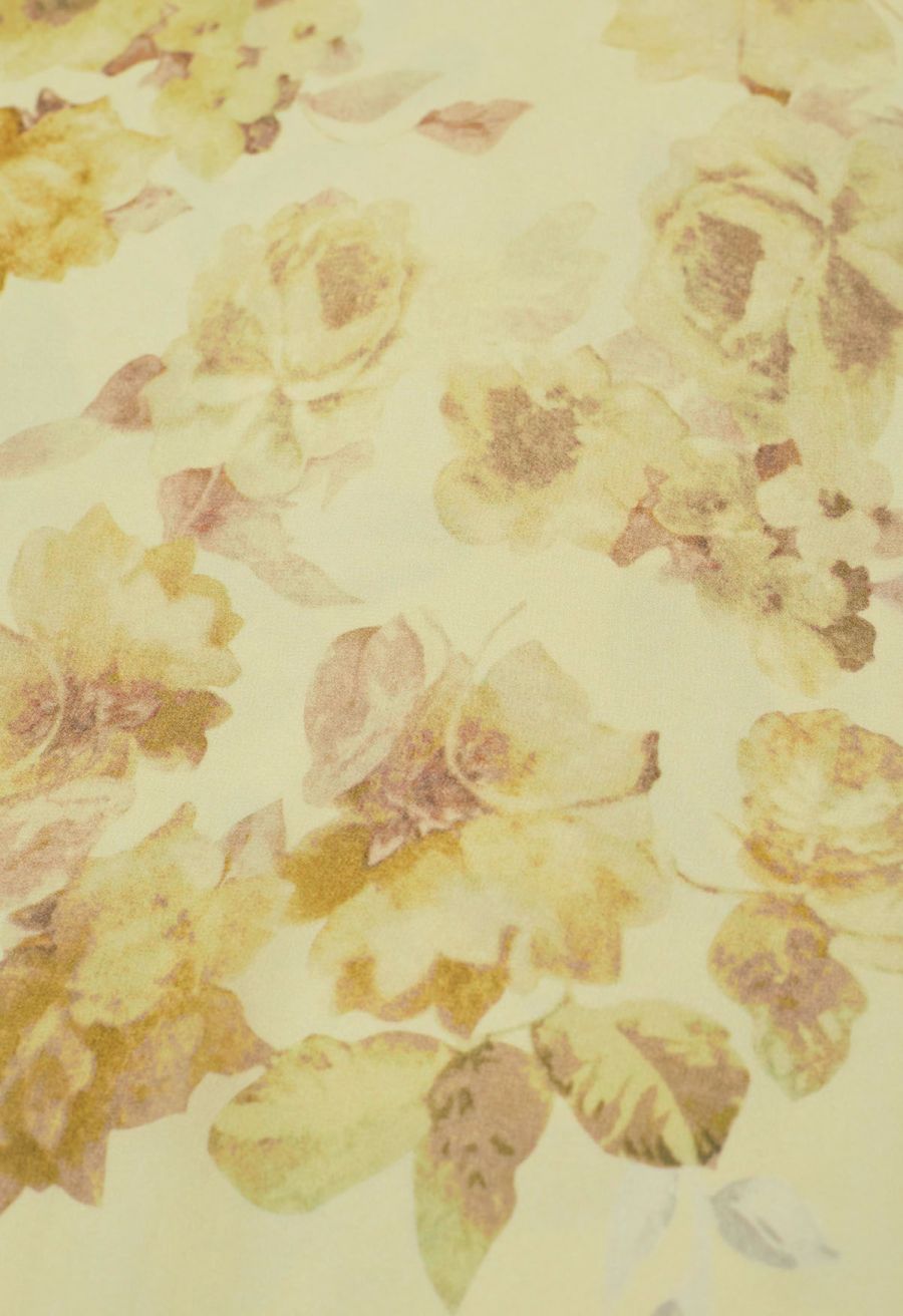 Yellow Floral Drape Neck Asymmetric Chiffon Dress