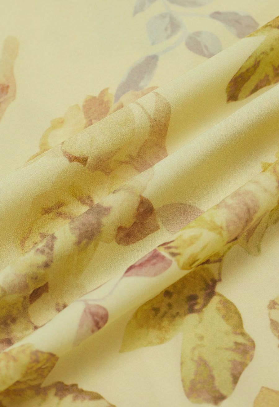 Yellow Floral Drape Neck Asymmetric Chiffon Dress