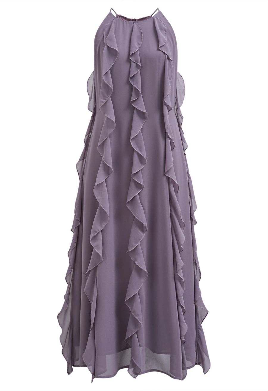 Whispering Cascade Ruffle Chiffon Maxi Dress in Purple
