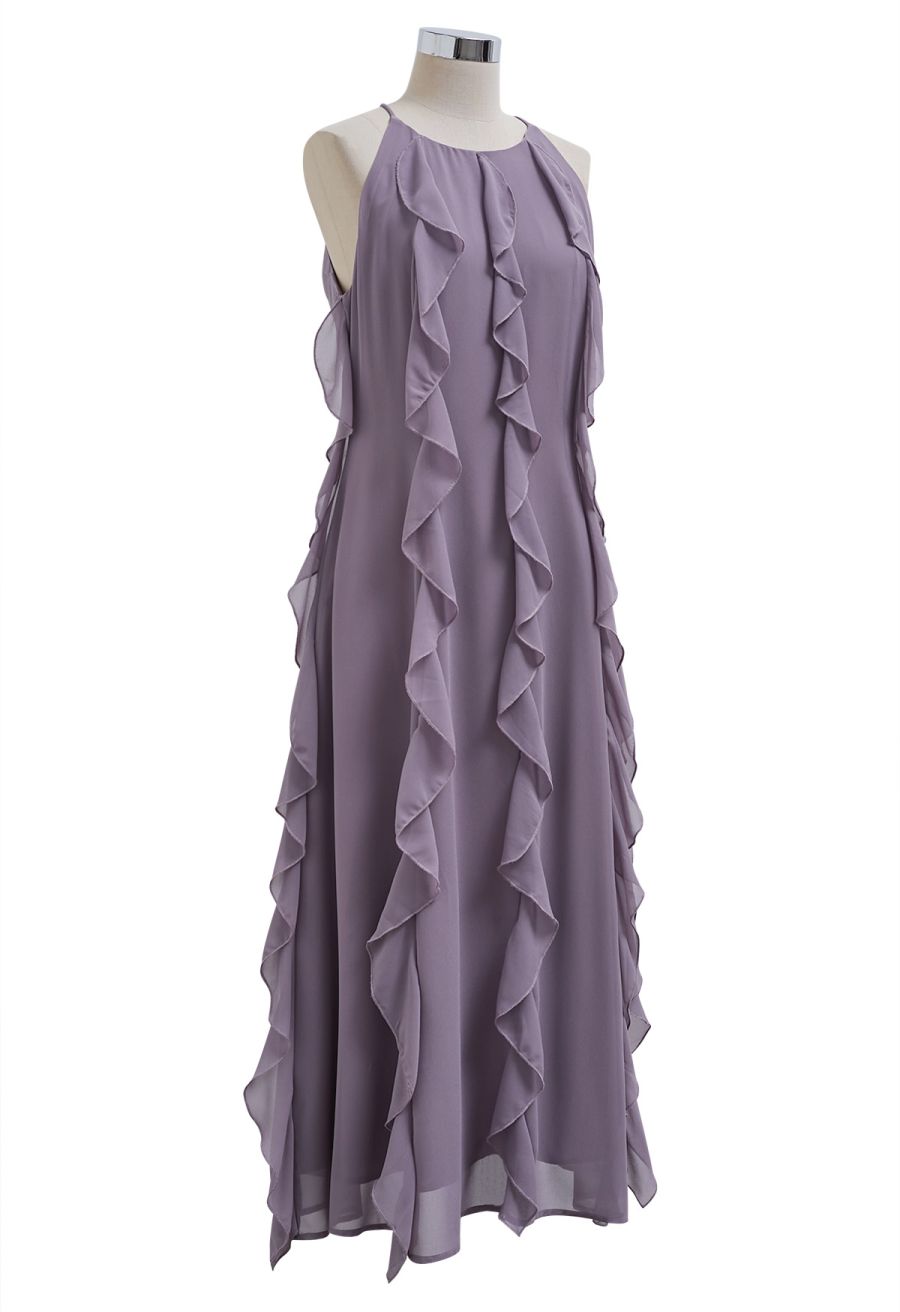 Whispering Cascade Ruffle Chiffon Maxi Dress in Purple