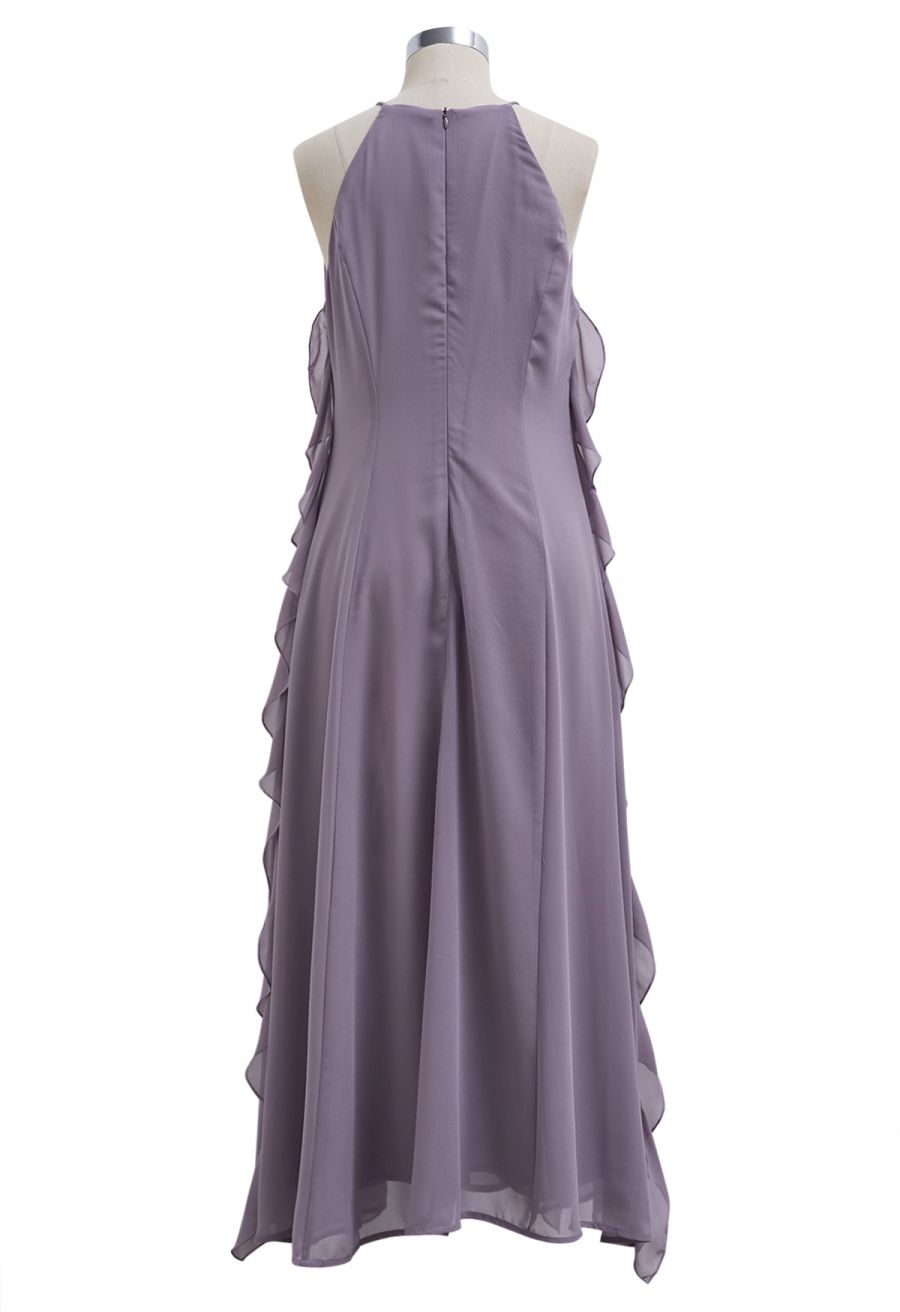 Whispering Cascade Ruffle Chiffon Maxi Dress in Purple