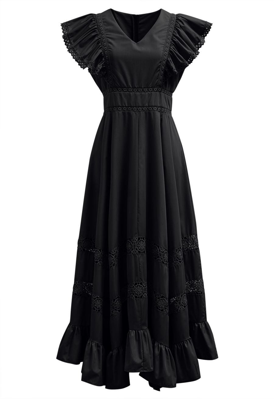 Flattering Lace Inserted Asymmetric Maxi Dress in Black