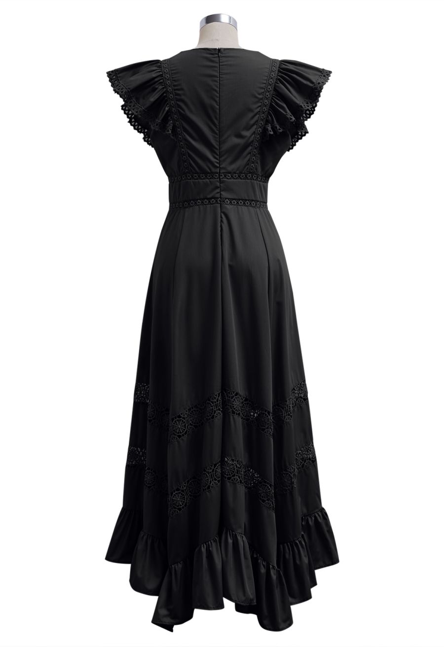 Flattering Lace Inserted Asymmetric Maxi Dress in Black