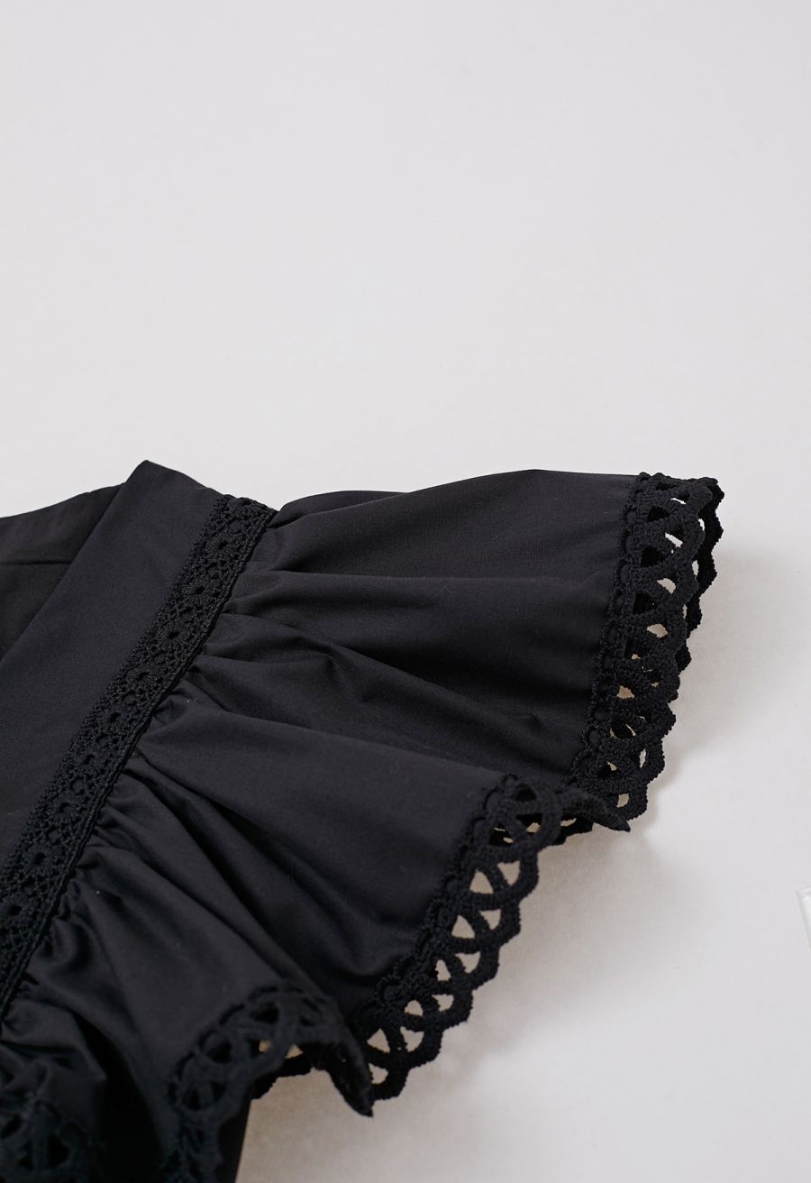 Flattering Lace Inserted Asymmetric Maxi Dress in Black