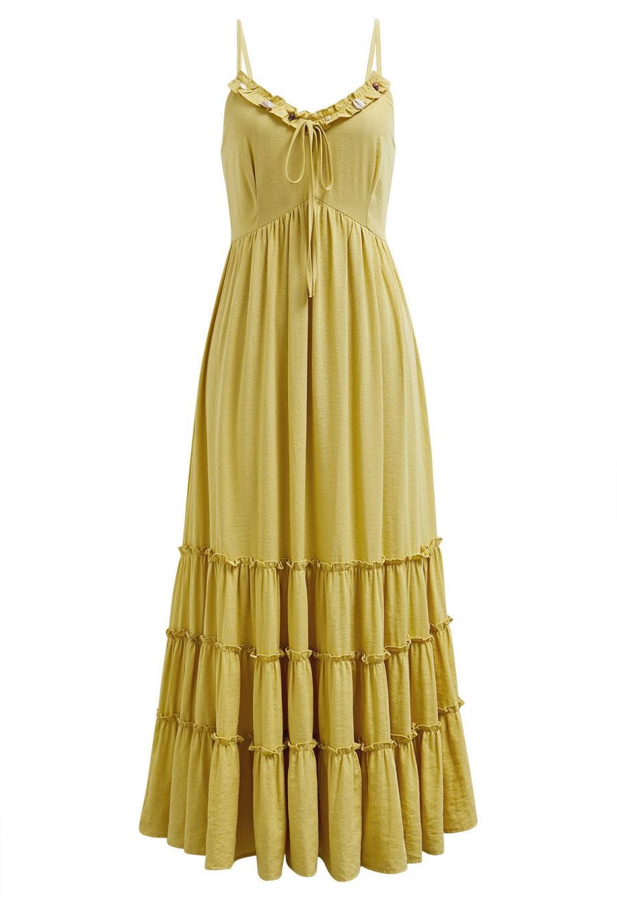 Shell Accent Ruffle Detail Cami Dress in Mustard