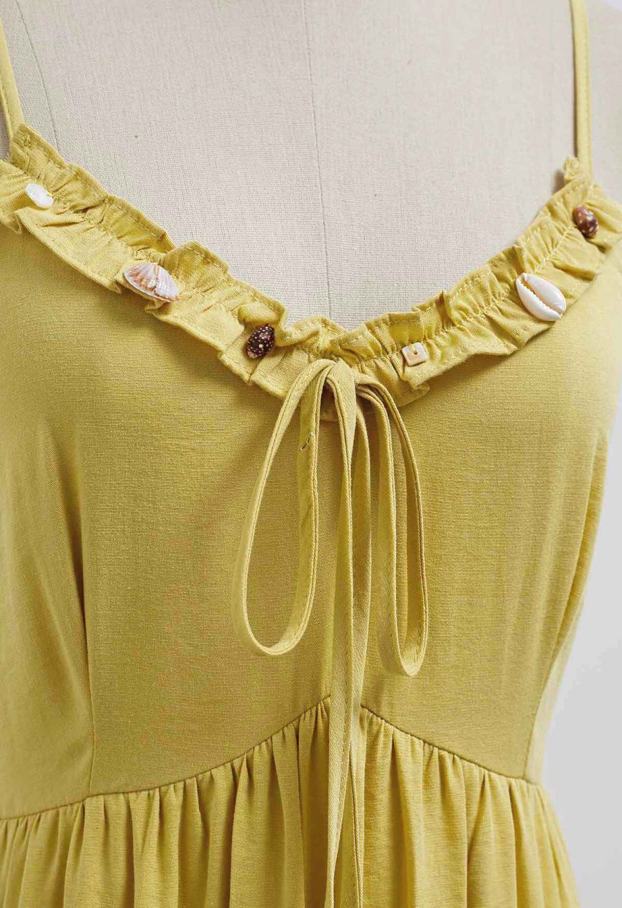 Shell Accent Ruffle Detail Cami Dress in Mustard