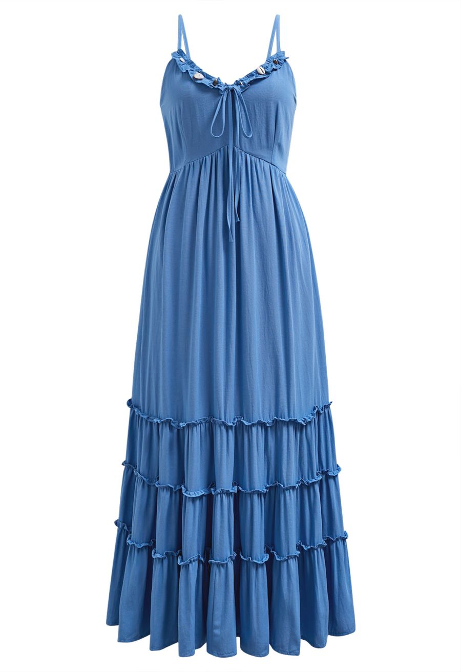 Shell Accent Ruffle Detail Cami Dress in Blue