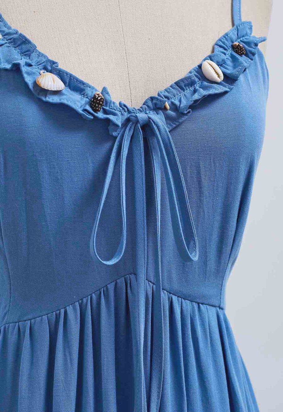 Shell Accent Ruffle Detail Cami Dress in Blue