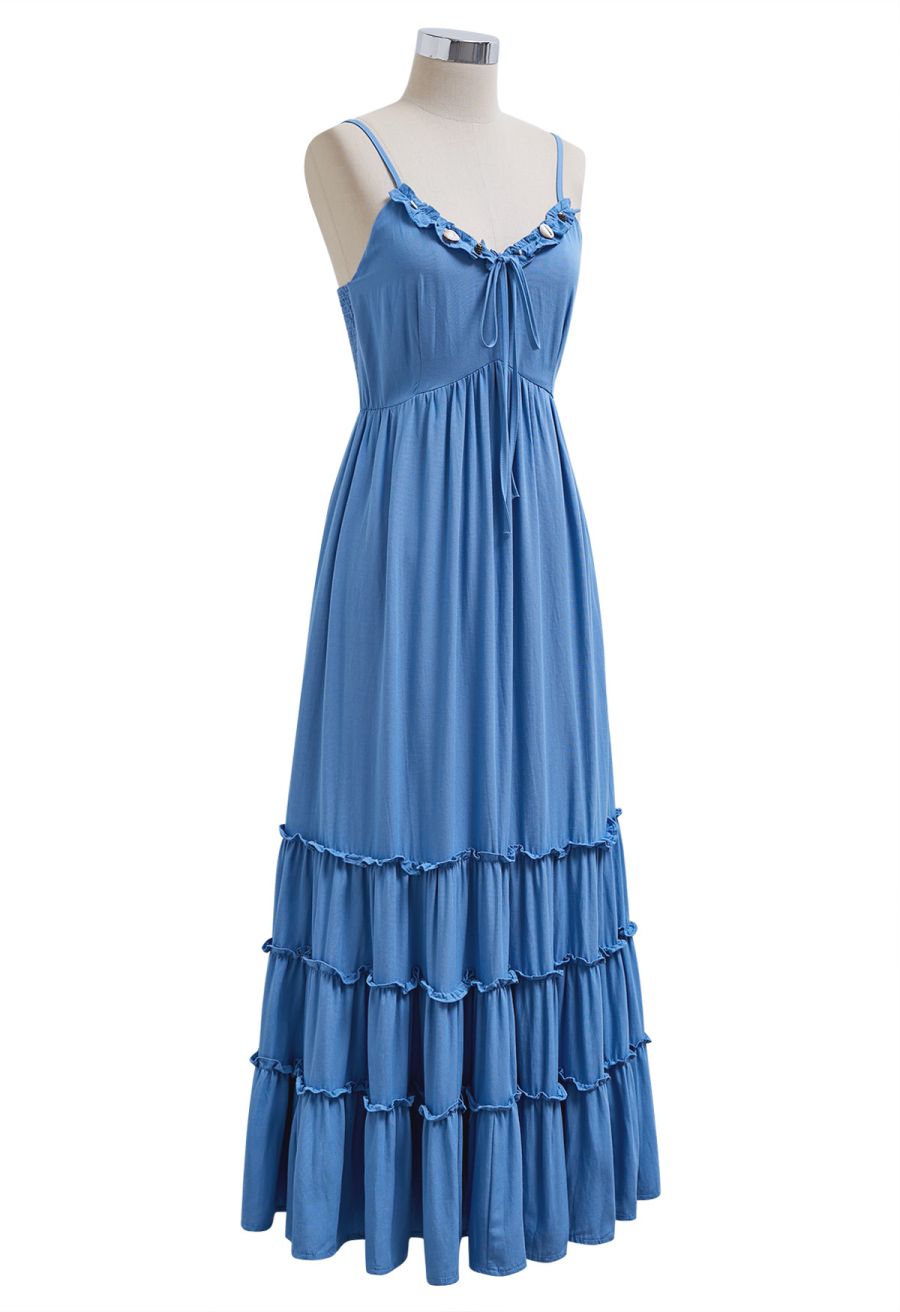 Shell Accent Ruffle Detail Cami Dress in Blue