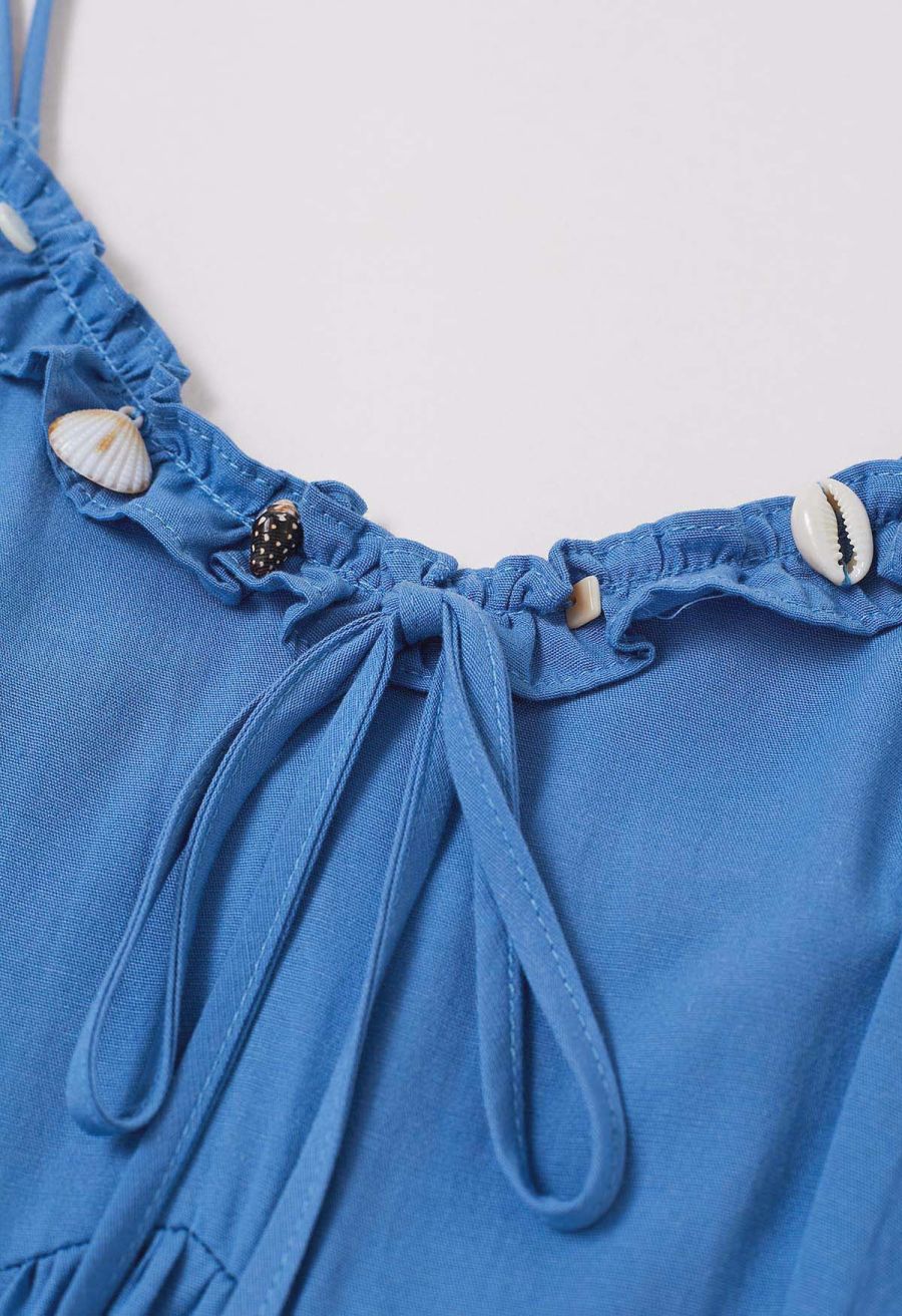 Shell Accent Ruffle Detail Cami Dress in Blue