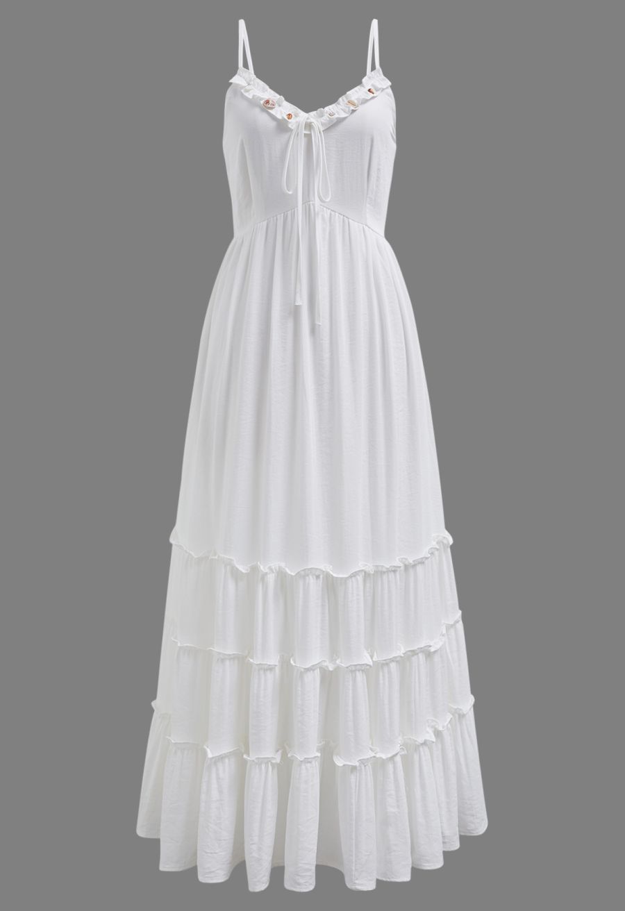Shell Accent Ruffle Detail Cami Dress in White