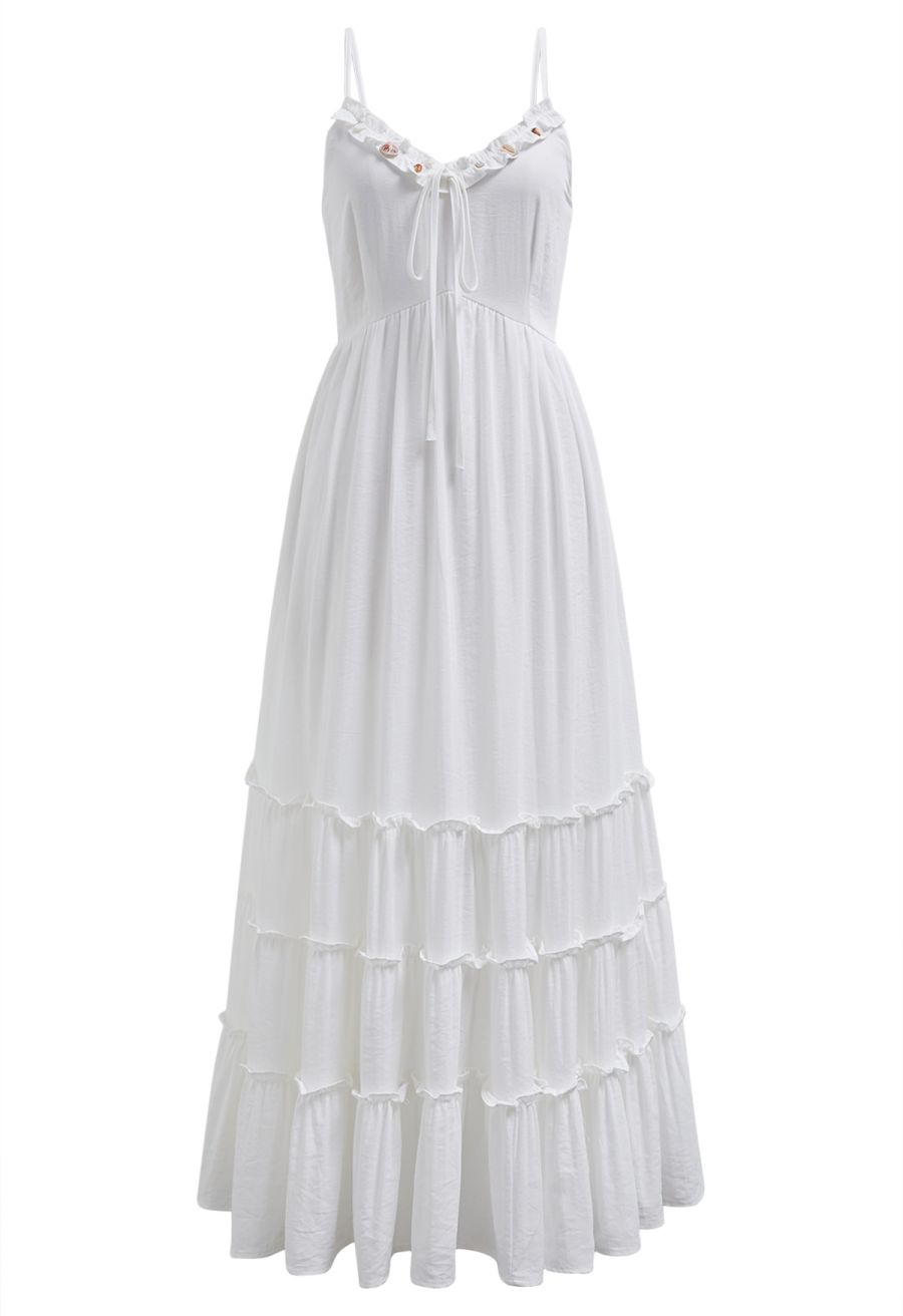 Shell Accent Ruffle Detail Cami Dress in White