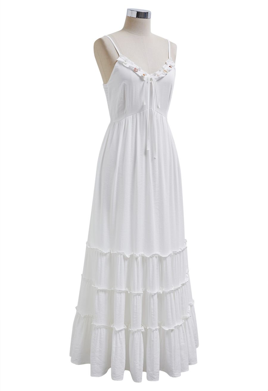Shell Accent Ruffle Detail Cami Dress in White