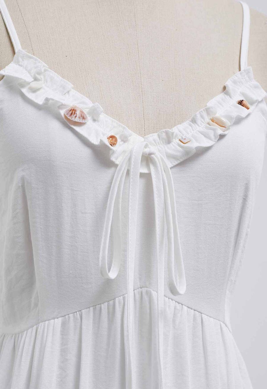 Shell Accent Ruffle Detail Cami Dress in White
