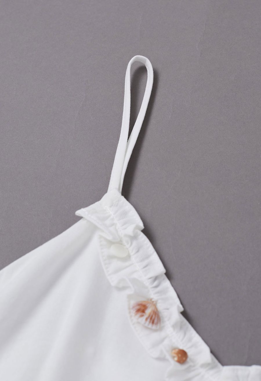 Shell Accent Ruffle Detail Cami Dress in White