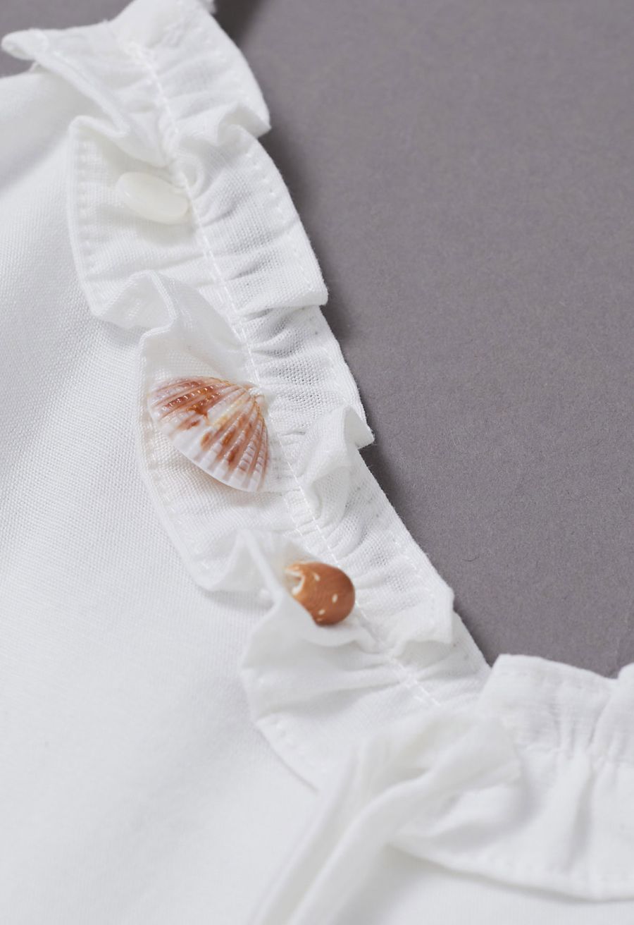 Shell Accent Ruffle Detail Cami Dress in White