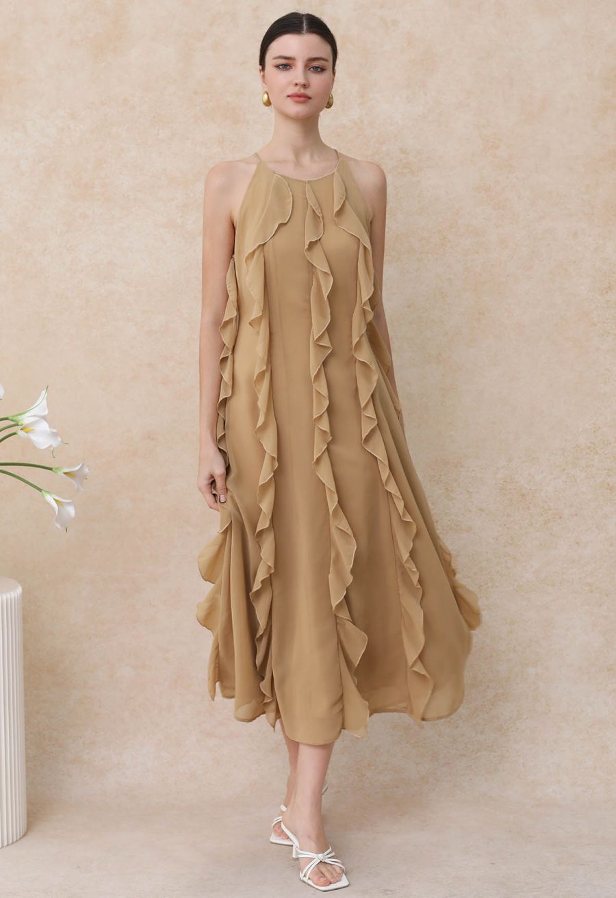 Whispering Cascade Ruffle Chiffon Maxi Dress in Tan