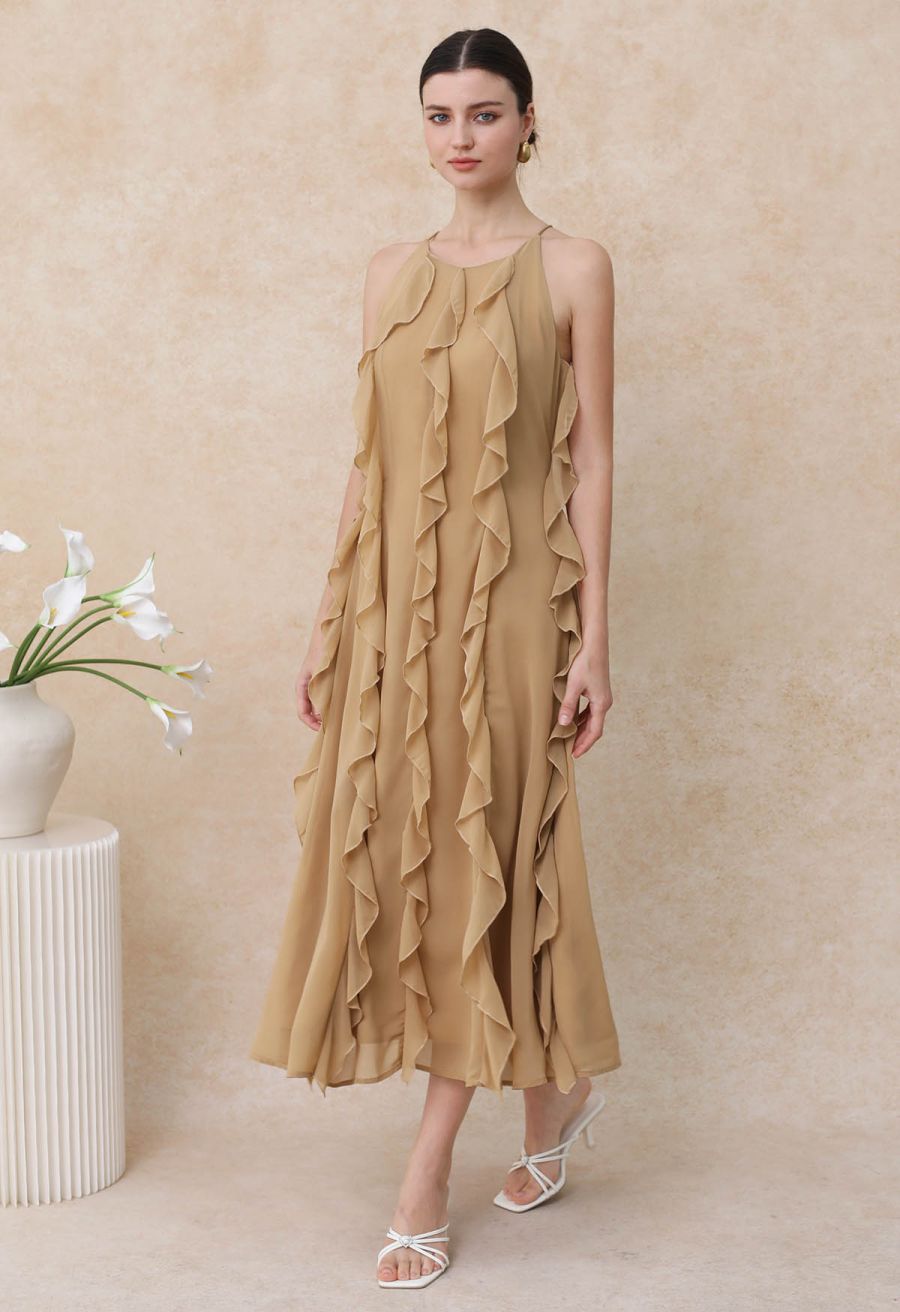 Whispering Cascade Ruffle Chiffon Maxi Dress in Tan