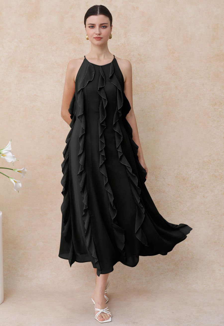 Whispering Cascade Ruffle Chiffon Maxi Dress in Black